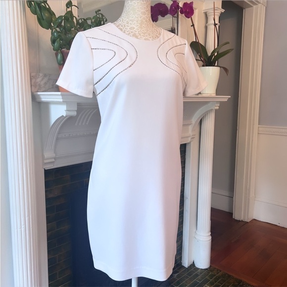 DIANE VON FURSTENBERG White Cecilia Ladder Stitch Short Sleeve Shift Dress Sz 4 - Picture 7 of 16